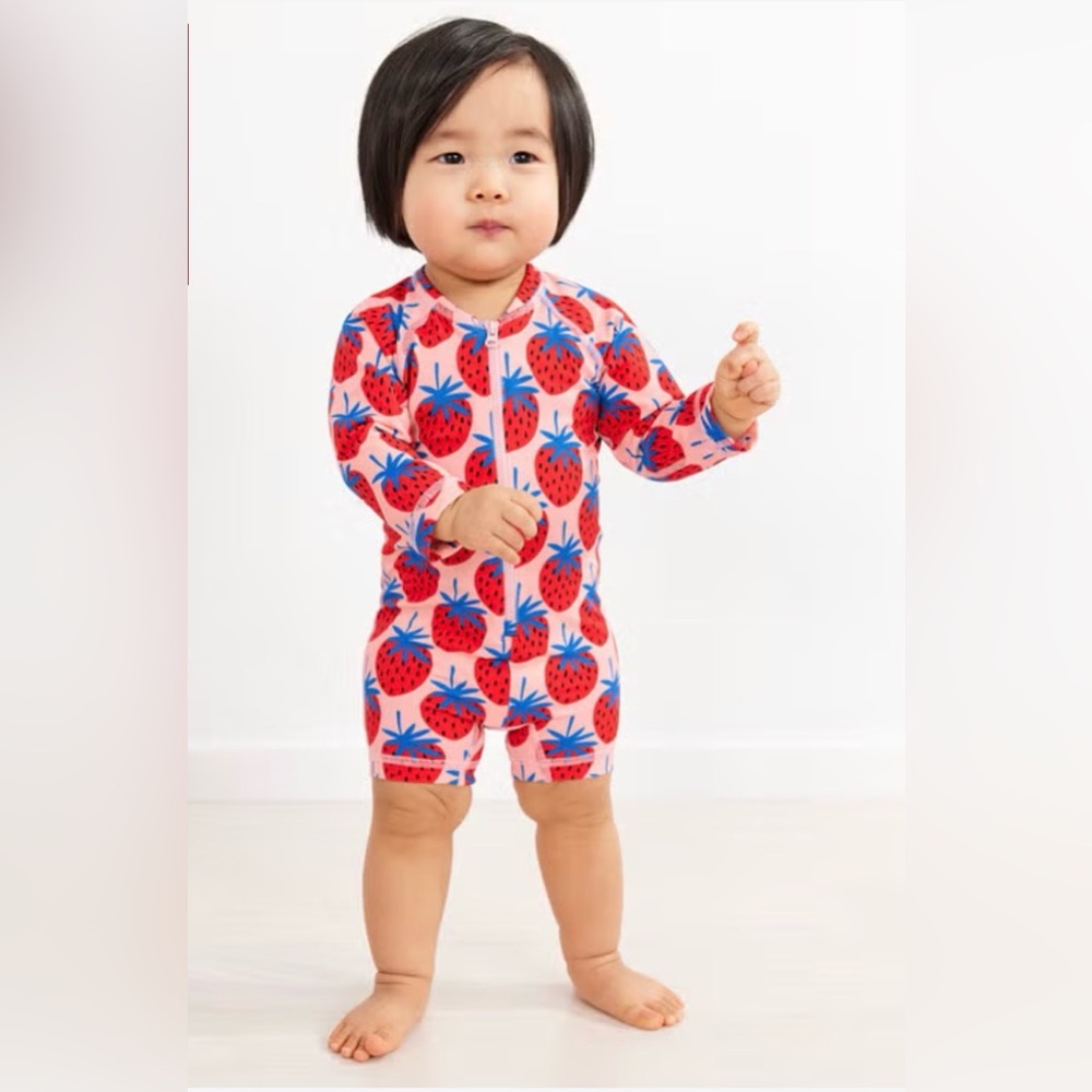 Hanna Andersson Bathing Suit Girls Sz 3-6 Months Pink Red Strawberry Rashguard